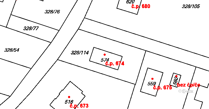Struhařov 674, Kamenice na parcele st. 574 v KÚ Štiřín, Katastrální mapa