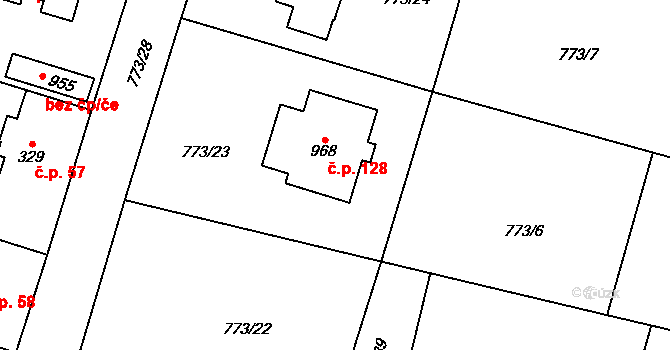 Brtnice 128, Velké Popovice na parcele st. 968 v KÚ Velké Popovice, Katastrální mapa