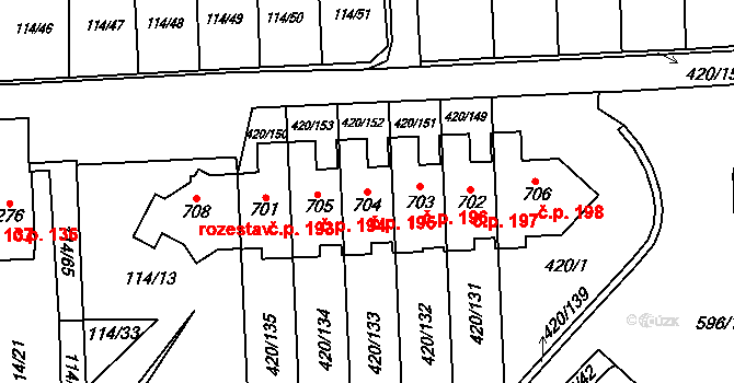 Trnová 195, Pardubice na parcele st. 704 v KÚ Trnová, Katastrální mapa