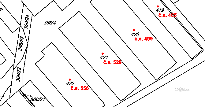Hrádek na Vlárské dráze 529, Slavičín na parcele st. 421 v KÚ Hrádek na Vlárské dráze, Katastrální mapa