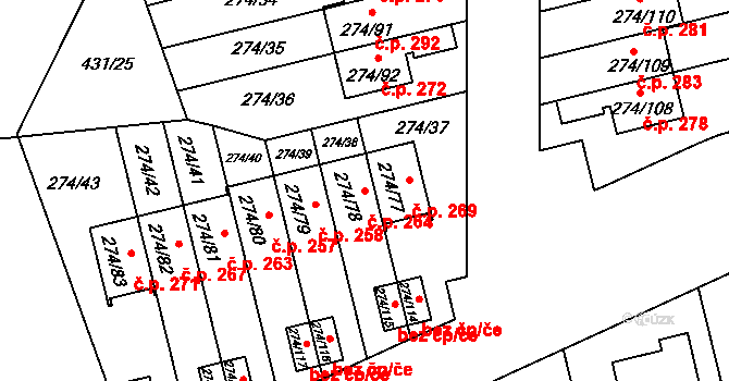 Třeboradice 264, Praha na parcele st. 274/78 v KÚ Třeboradice, Katastrální mapa
