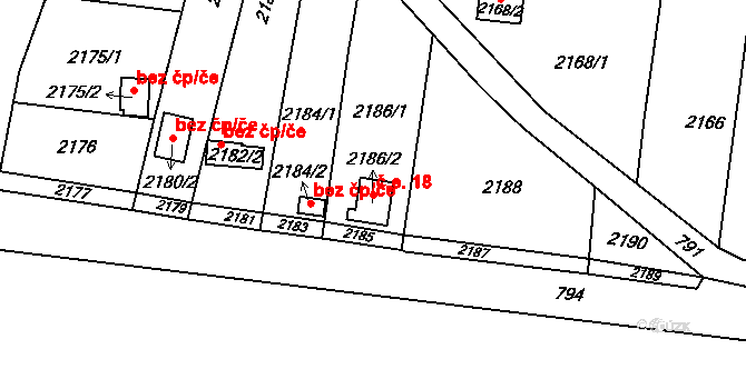 Lomnička 18 na parcele st. 2186/2 v KÚ Lomnička u Tišnova, Katastrální mapa