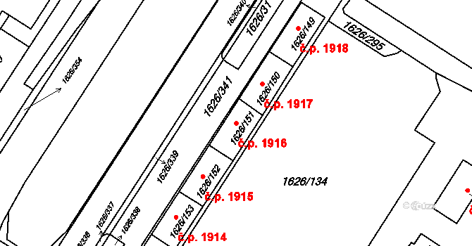 Bolevec 1916, Plzeň na parcele st. 1626/151 v KÚ Bolevec, Katastrální mapa