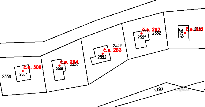 Buchlovice 283 na parcele st. 2553 v KÚ Buchlovice, Katastrální mapa