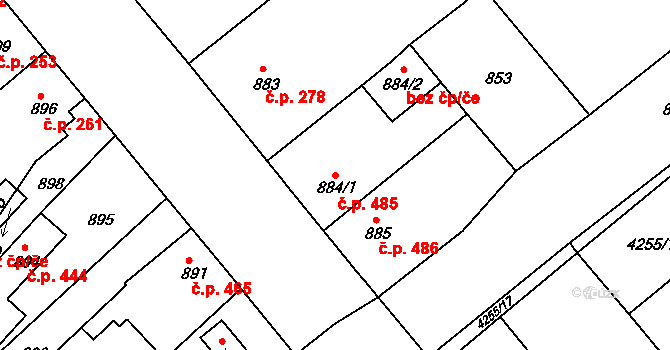 Litomyšlské Předměstí 485, Vysoké Mýto na parcele st. 884/1 v KÚ Vysoké Mýto, Katastrální mapa