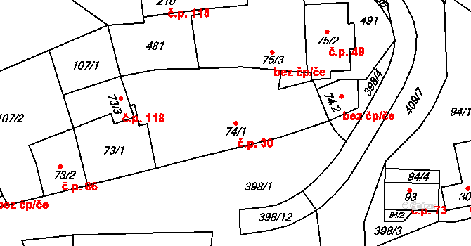 Karlštejn 30 na parcele st. 74/1 v KÚ Budňany, Katastrální mapa