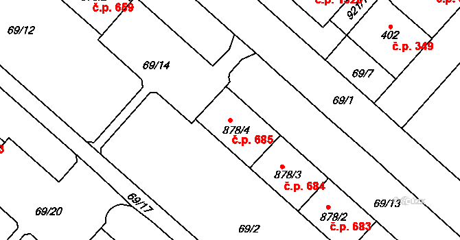 Neratovice 685 na parcele st. 878/4 v KÚ Neratovice, Katastrální mapa