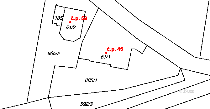 Ždánov 45 na parcele st. 51/1 v KÚ Ždánov, Katastrální mapa