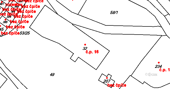 Hejtmánkovice 16 na parcele st. 32 v KÚ Hejtmánkovice, Katastrální mapa