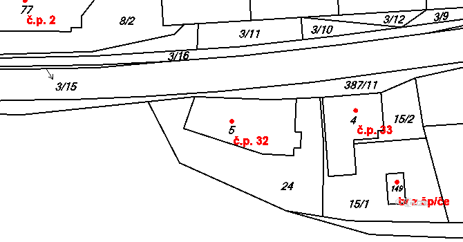 Hoštejn 32 na parcele st. 5 v KÚ Hoštejn, Katastrální mapa