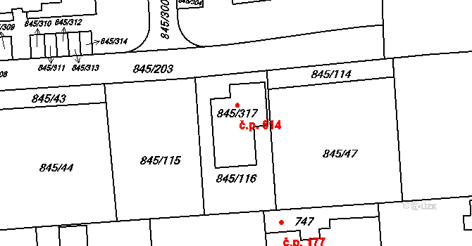 Písnice 614, Praha na parcele st. 845/317 v KÚ Písnice, Katastrální mapa