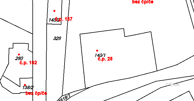 Ohnišov 25 na parcele st. 140/1 v KÚ Ohnišov, Katastrální mapa