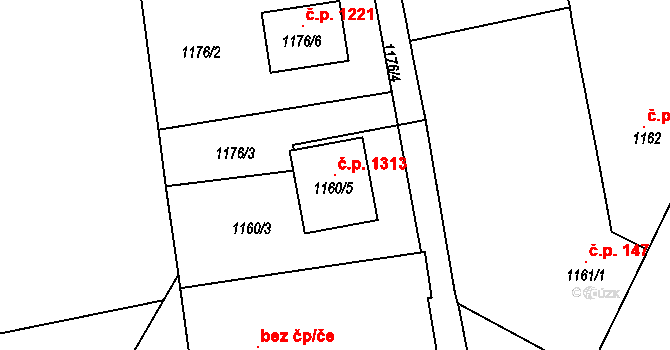 Třemošná 1313 na parcele st. 1160/5 v KÚ Třemošná, Katastrální mapa