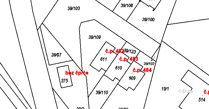 Borek 482 na parcele st. 611 v KÚ Borek u Českých Budějovic, Katastrální mapa