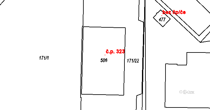 Hořátev 323 na parcele st. 506 v KÚ Hořátev, Katastrální mapa