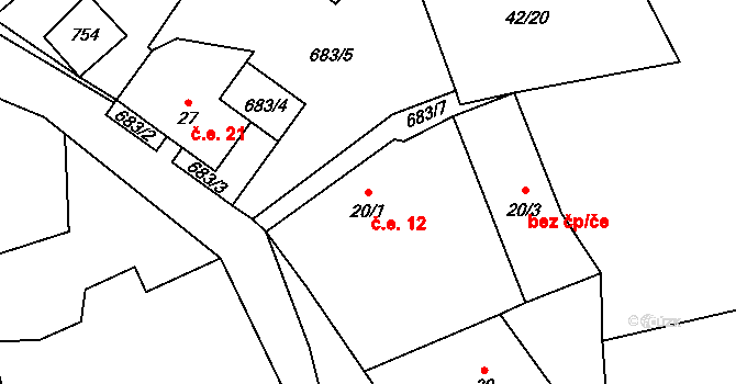 Tisová 12, Otročín na parcele st. 20/1 v KÚ Tisová u Otročína, Katastrální mapa