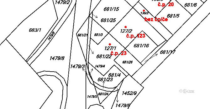 Malý Beranov 23 na parcele st. 127/1 v KÚ Malý Beranov, Katastrální mapa