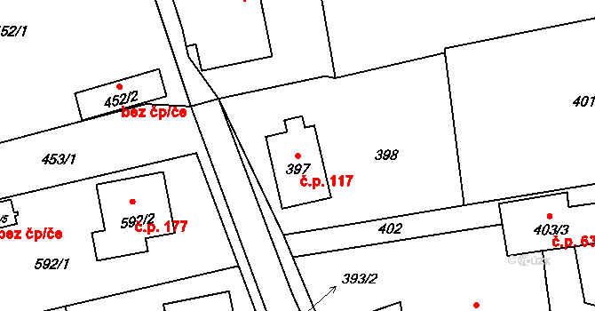 Železná 117, Vrbno pod Pradědem na parcele st. 397 v KÚ Železná pod Pradědem, Katastrální mapa