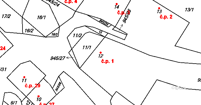 Lhota u Lysic 1 na parcele st. 12 v KÚ Lhota u Lysic, Katastrální mapa