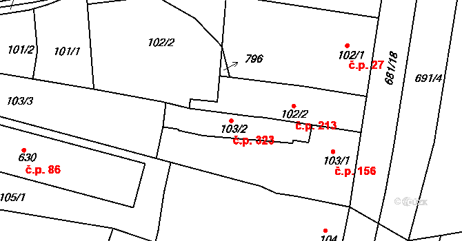 Nechanice 323 na parcele st. 103/2 v KÚ Nechanice, Katastrální mapa
