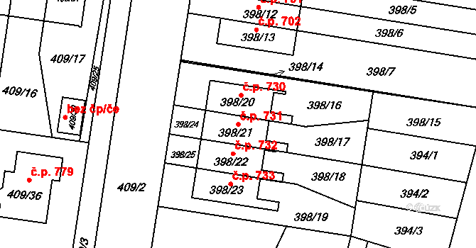 Skřečoň 731, Bohumín na parcele st. 398/21 v KÚ Skřečoň, Katastrální mapa
