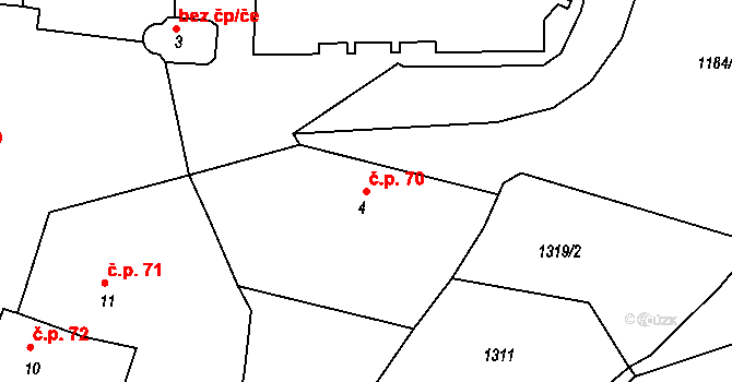 Benešov nad Ploučnicí 70 na parcele st. 4 v KÚ Benešov nad Ploučnicí, Katastrální mapa