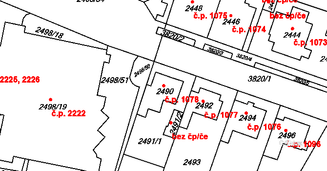 Horní Počernice 1078, Praha na parcele st. 2490 v KÚ Horní Počernice, Katastrální mapa