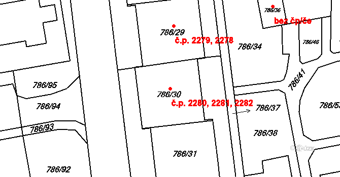 Horní Počernice 2280,2281,2282, Praha na parcele st. 786/30 v KÚ Horní Počernice, Katastrální mapa