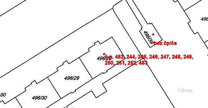 Střížkov 244,245,246,247,248,, Praha na parcele st. 496/28 v KÚ Střížkov, Katastrální mapa