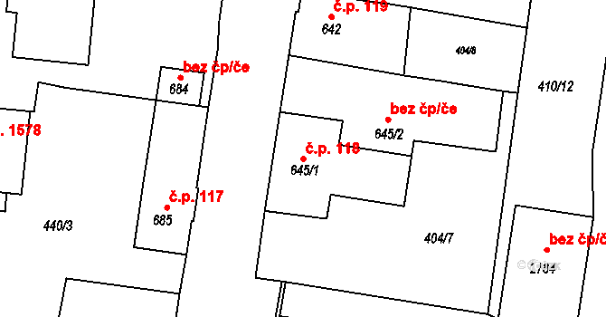 Vrchlabí 118 na parcele st. 645/1 v KÚ Vrchlabí, Katastrální mapa