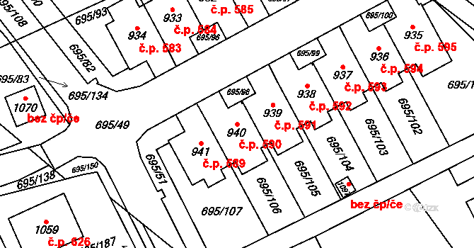 Kryry 590 na parcele st. 940 v KÚ Kryry, Katastrální mapa