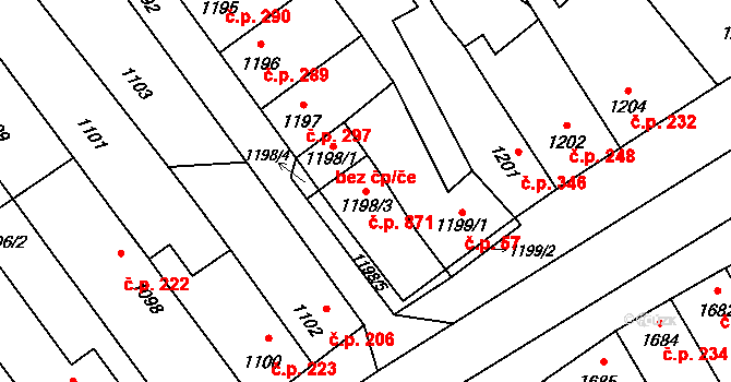 Velká Bystřice 871 na parcele st. 1198/3 v KÚ Velká Bystřice, Katastrální mapa