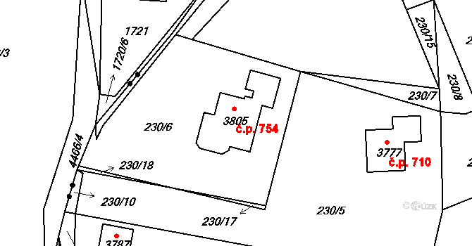 Ostravice 754 na parcele st. 3805 v KÚ Staré Hamry 2, Katastrální mapa