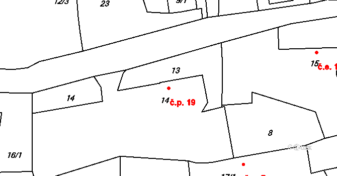 Mlýnec 19, Poleň na parcele st. 14 v KÚ Mlýnec, Katastrální mapa