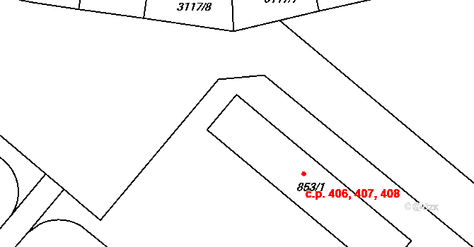 Týnec nad Sázavou 406,407,408 na parcele st. 853/1 v KÚ Týnec nad Sázavou, Katastrální mapa