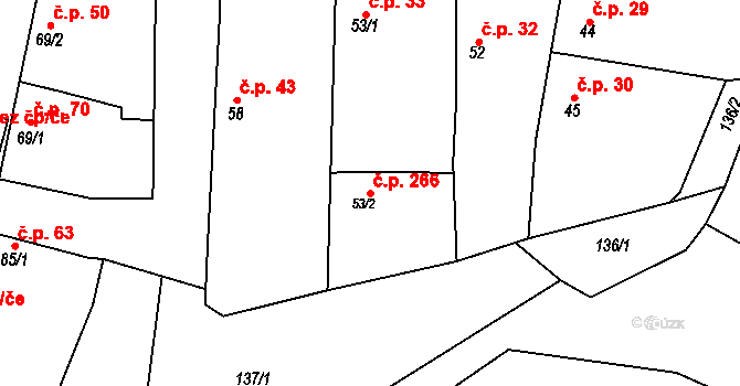 Jevany 266 na parcele st. 53/2 v KÚ Jevany, Katastrální mapa