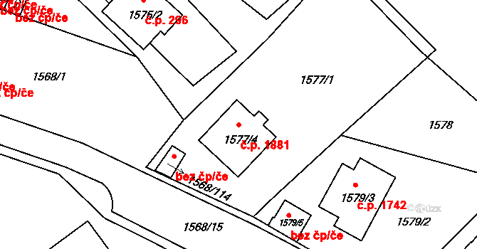 Velké Meziříčí 1881 na parcele st. 1577/4 v KÚ Velké Meziříčí, Katastrální mapa