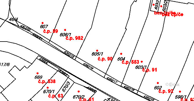 Valašské Klobouky 90 na parcele st. 605/1 v KÚ Valašské Klobouky, Katastrální mapa