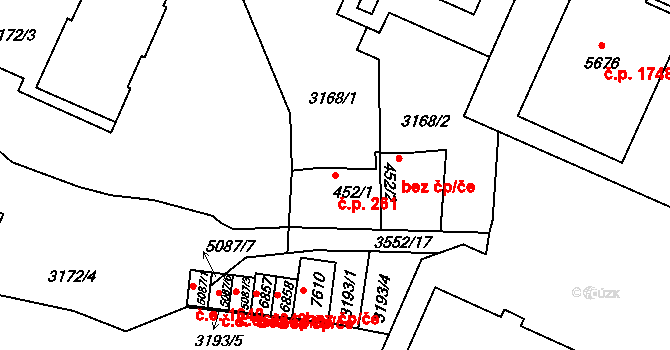 Zlín 261 na parcele st. 452/1 v KÚ Zlín, Katastrální mapa
