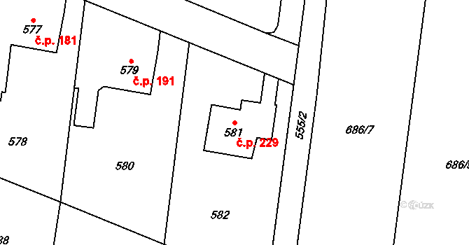 Suché Lazce 229, Opava na parcele st. 581 v KÚ Suché Lazce, Katastrální mapa