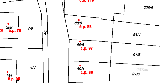 Hlubočec 87 na parcele st. 80/5 v KÚ Hlubočec, Katastrální mapa
