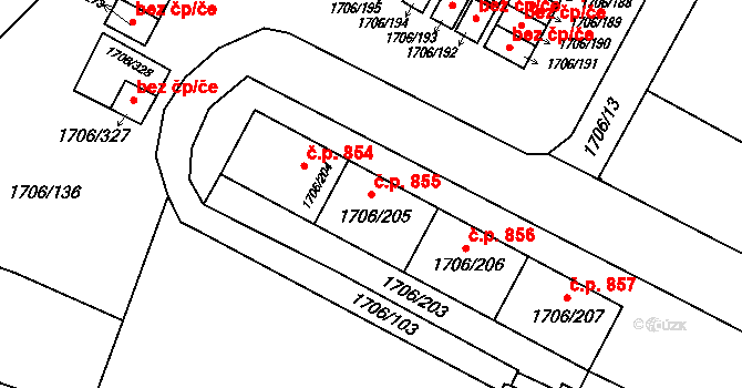 Hlučín 855 na parcele st. 1706/205 v KÚ Hlučín, Katastrální mapa