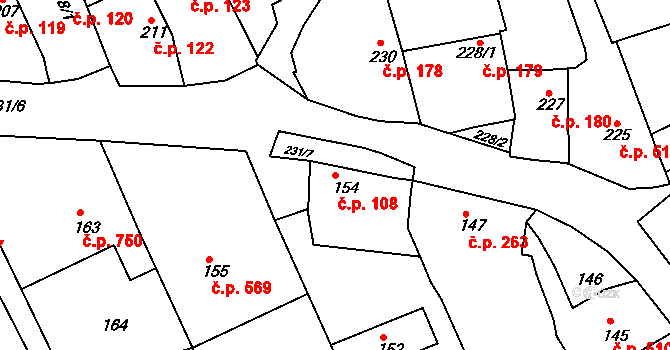 Buchlovice 108 na parcele st. 154 v KÚ Buchlovice, Katastrální mapa