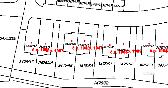 Úvaly 1947 na parcele st. 3475/124 v KÚ Úvaly u Prahy, Katastrální mapa