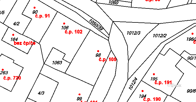 Nučice 105 na parcele st. 98 v KÚ Nučice u Rudné, Katastrální mapa