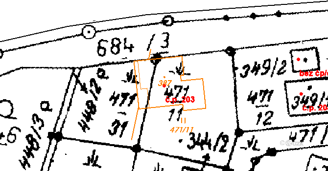 Dlouhoňovice 203 na parcele st. 387 v KÚ Dlouhoňovice, Katastrální mapa