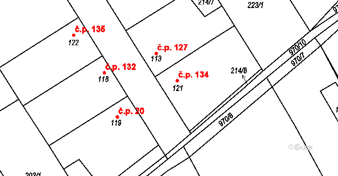 Hřivčice 134, Peruc na parcele st. 121 v KÚ Hřivčice, Katastrální mapa