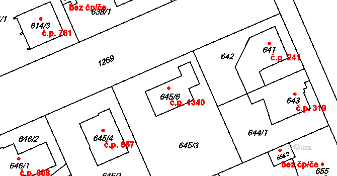 Černice 1340, Plzeň na parcele st. 645/6 v KÚ Hradiště u Plzně, Katastrální mapa