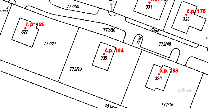 Všeruby 184 na parcele st. 339 v KÚ Všeruby u Kdyně, Katastrální mapa
