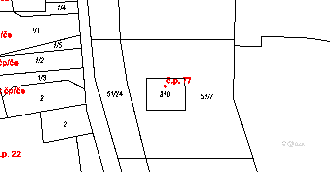 Heroltice 77 na parcele st. 310 v KÚ Heroltice u Tišnova, Katastrální mapa